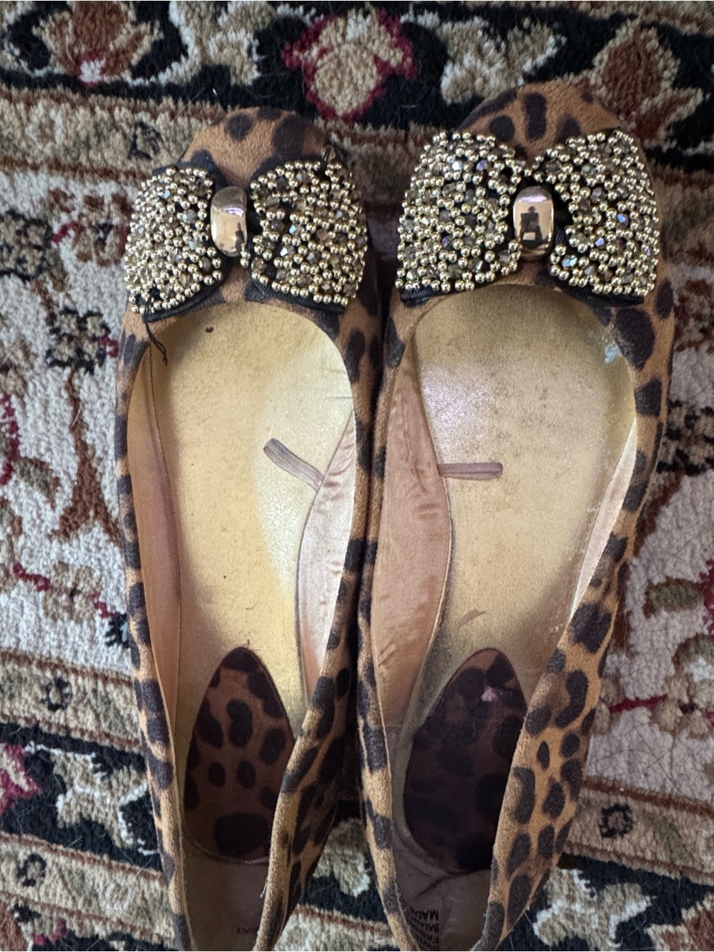 Madeline Leopard Print Ballet Flats with Gold Beaded Bows